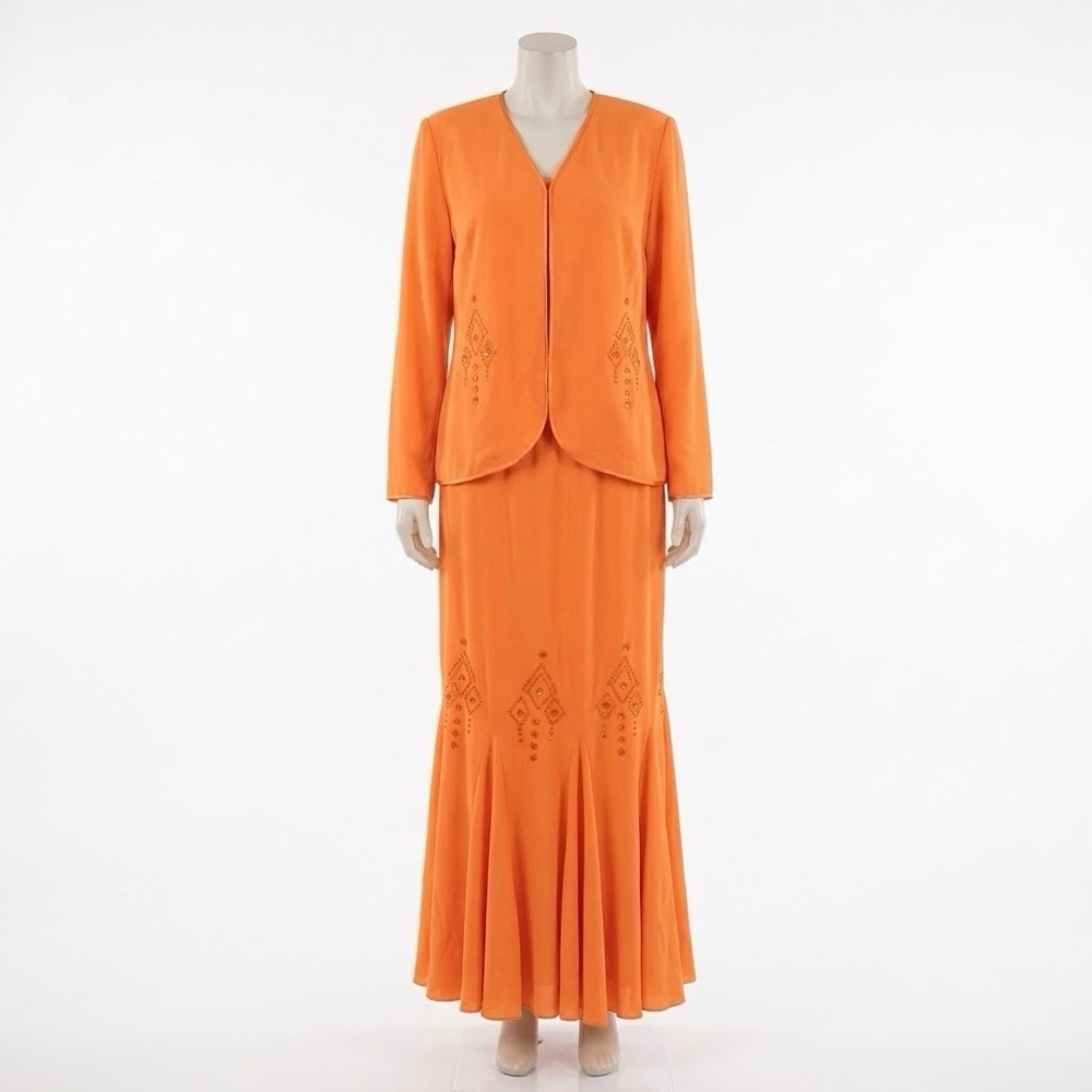 M-SHERRI Womens 6 Orange Beaded 3 Piece Skirt Suit Set Jacket Camisole Maxi